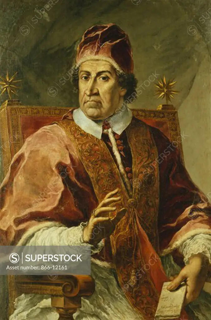 Portrait of Pope Clement XI, Seated Half Length, Wearing Papal Robes, Holding a Letter. Pier Leone Ghezzi (1674-1755). Oil on canvas. 19.5 x 80cm.