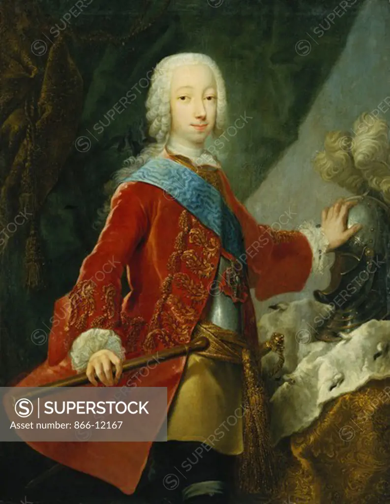 Portrait of a Gentleman, Probably the Grand Duke Peter Fedorovich, Later Czar Peter III, Standing Three-Quarter Length, Wearing a Red Embroidered Jacket, Breastplate and the Badge of Saint Anne, Holding a Baton, His Hand Resting on a Helmet on a Table with an Ermine Robe, Before a Curtain. Georg Cristoph Grooth (1716-1749). Oil on canvas. 128.3 x 100.3cm.