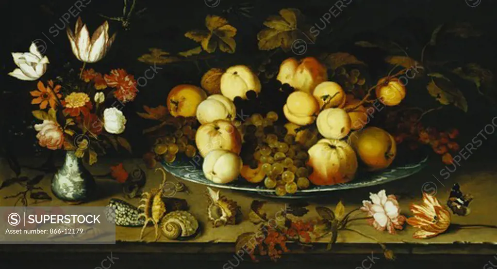 Fruit on a Dish, Flowers in a Wanli Kraak Porselein Vase, Sprigs of Cherries and Redcurrants, Seashells, a Rose, a Tulip, a Pink, a Lizard, a Snail and a Red Admiral on a Stone Ledge, Dragonflies Above. Balthasar van der Ast (c.1593-1657). Oil on canvas. Dated 1626. 46.5 x 84.5cm.