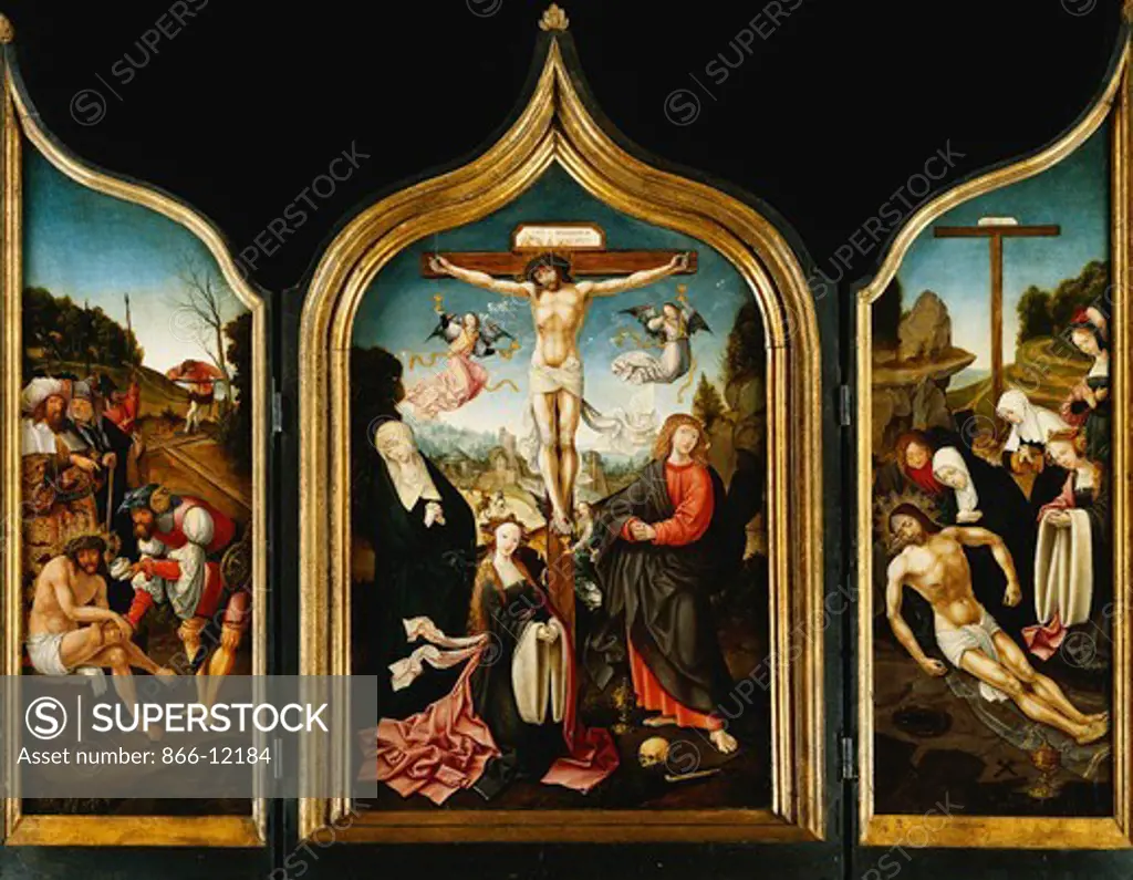 A Triptych: Christ on the Cross with the Virgin, the Magdalen, Saint John the Evangelist and Angels; on the Wings Christ Offered Vinegar Before the Crucifixion and the Lamentation, the Agony in the Garden and Ecce Homo. Jacob Cornelisz  van Oostsanen (1470-1533). Oil on panel. Centre panel 72.5 x 46.8cm. Wings 76 x 26cm.
