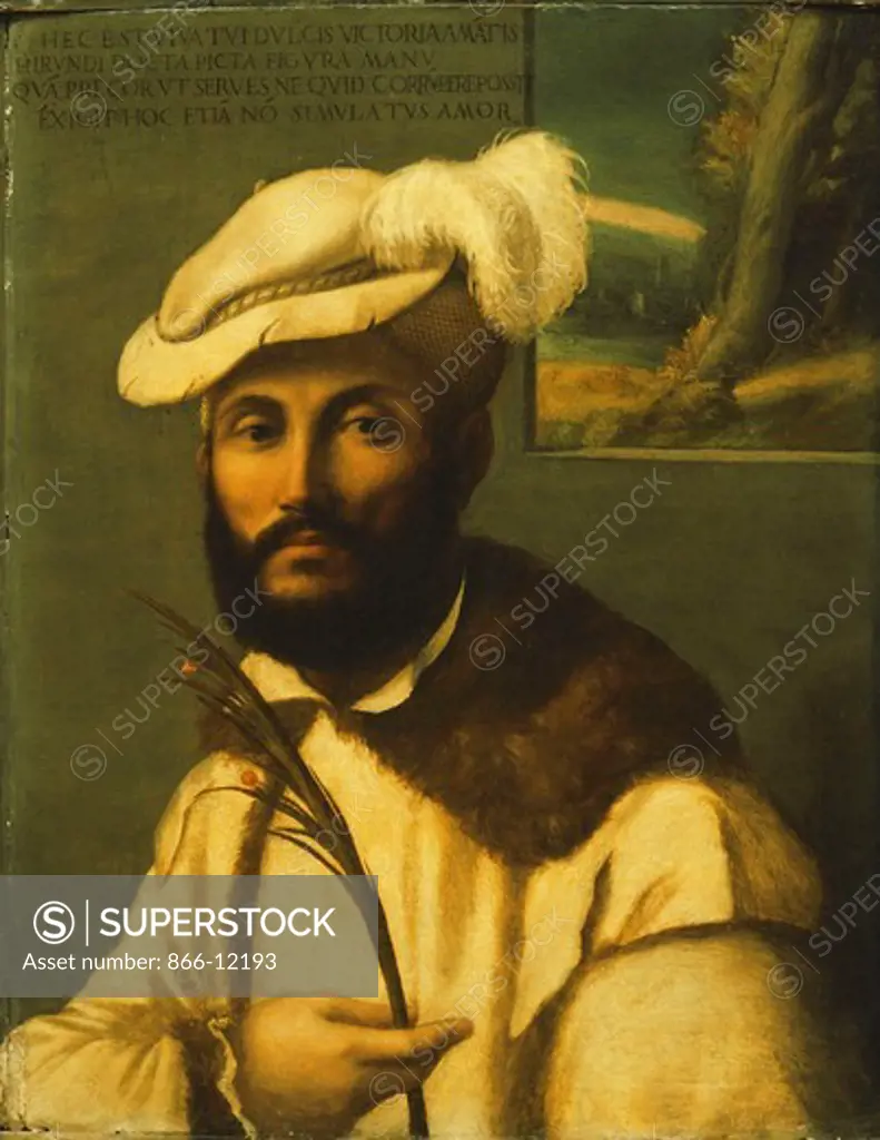 Portrait of a Bearded Gentleman, Half Length, in a Fur-Trimmed White Jacket and a Plumed Hat and Holding a Palm Frond, a Landscape Seen Through a Casement Beyond. Francesco Rondani (1490-1550). Oil on panel. 58.8 x 45.7cm.l