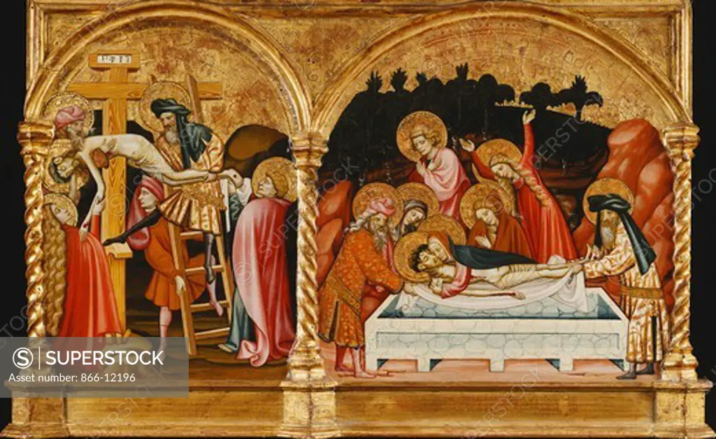 The Descent from the Cross and the Entombment - a Section of a Predella. Master of Torralba (active ca. 1440). Tempera on gold ground panel. 38 x 66cm.