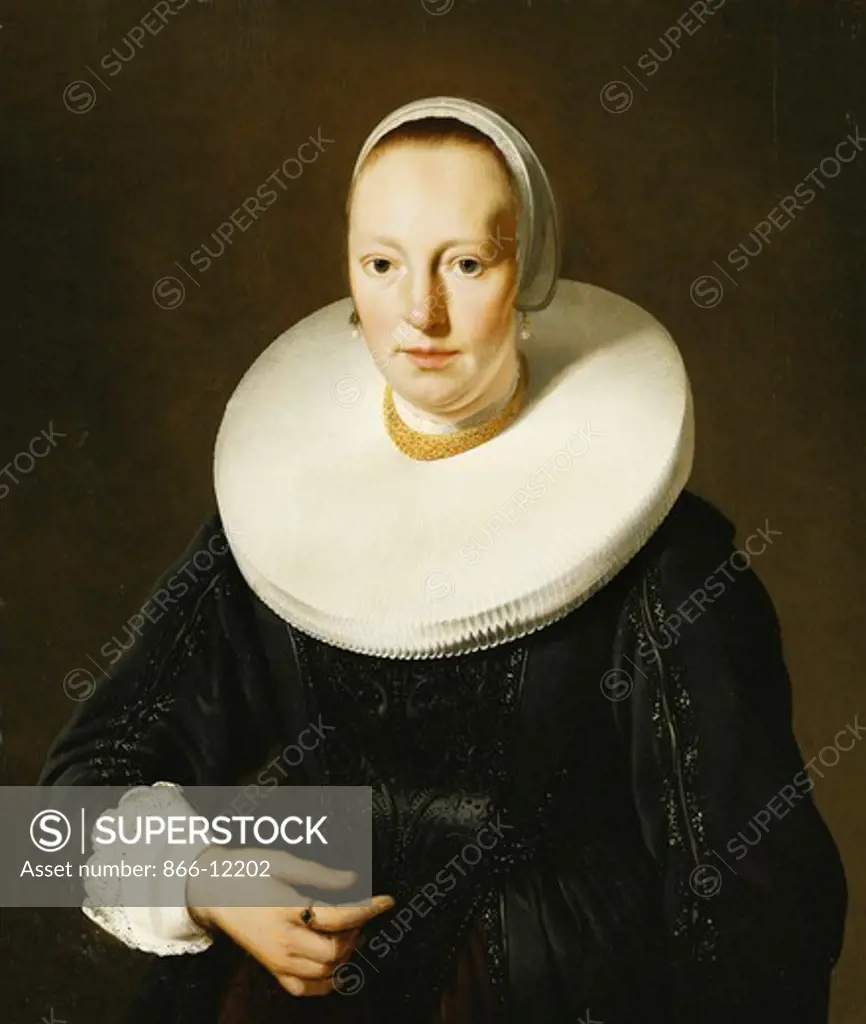 Portrait of a Lady, Half Length, in a Black Applique Stomacher and Dress and a Millstone Ruff. Jacob van Loo (1614-1670). Oil on panel. 71.5 x 60cm.