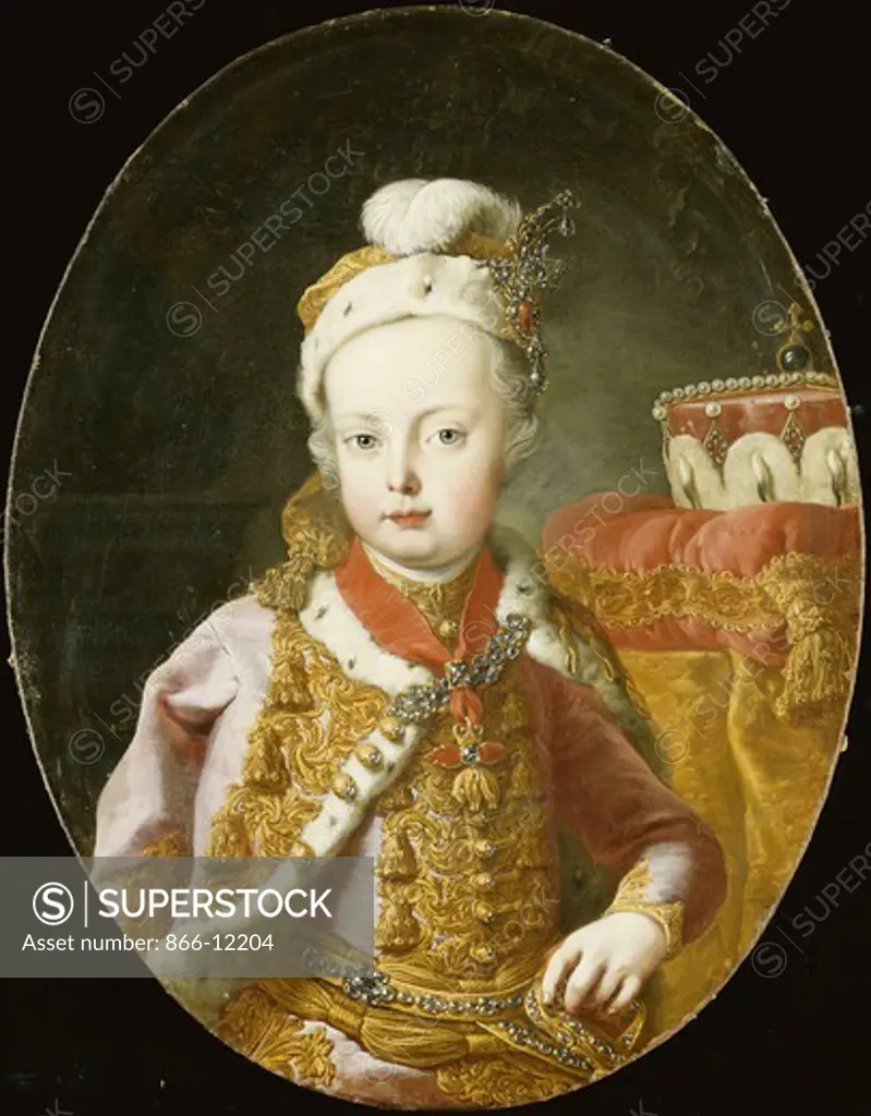 Portrait of the Archduke Joseph, Later Emperor Joseph II of Austria, Half Length, in a Gold Embroidered Pink Velvet Jacket with Ermine Trim, a Feathered Cap Adorned with a Brooch and Wearing the Order of the Golden Fleece. Martin van Meytens, the Younger (1695-1770). Oil on canvas. 55 x 70.3cm.