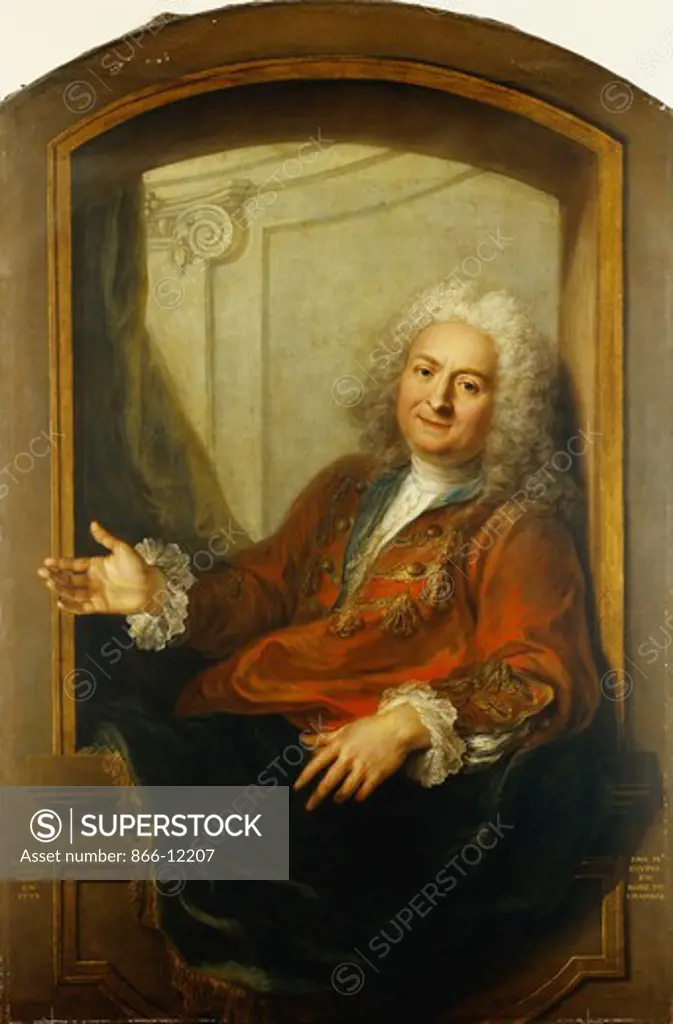 Portrait of Monsieur Dupille, Mid-Body, in a Robe Sitting on the Edge of a Window. Charles-Antoine Coypel (1694-1752). Oil on canvas. Dated 1733. 146.7 x 96.4cm.
