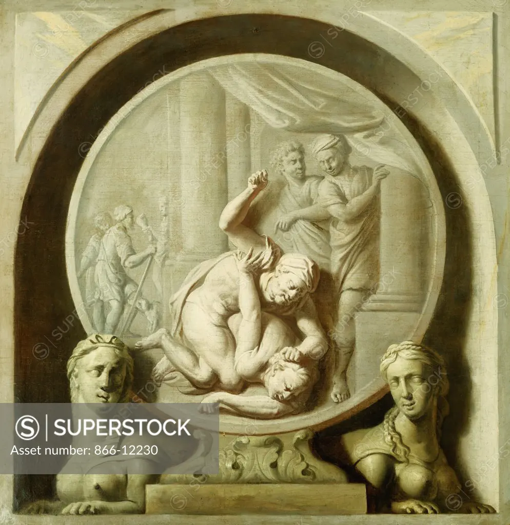 A Decorative Roundel with Odysseus Fighting the Beggar, and with Sphynxs. School of Jacob de Wit (1695-1754). Oil on canvas. 106 x 103.4cm.