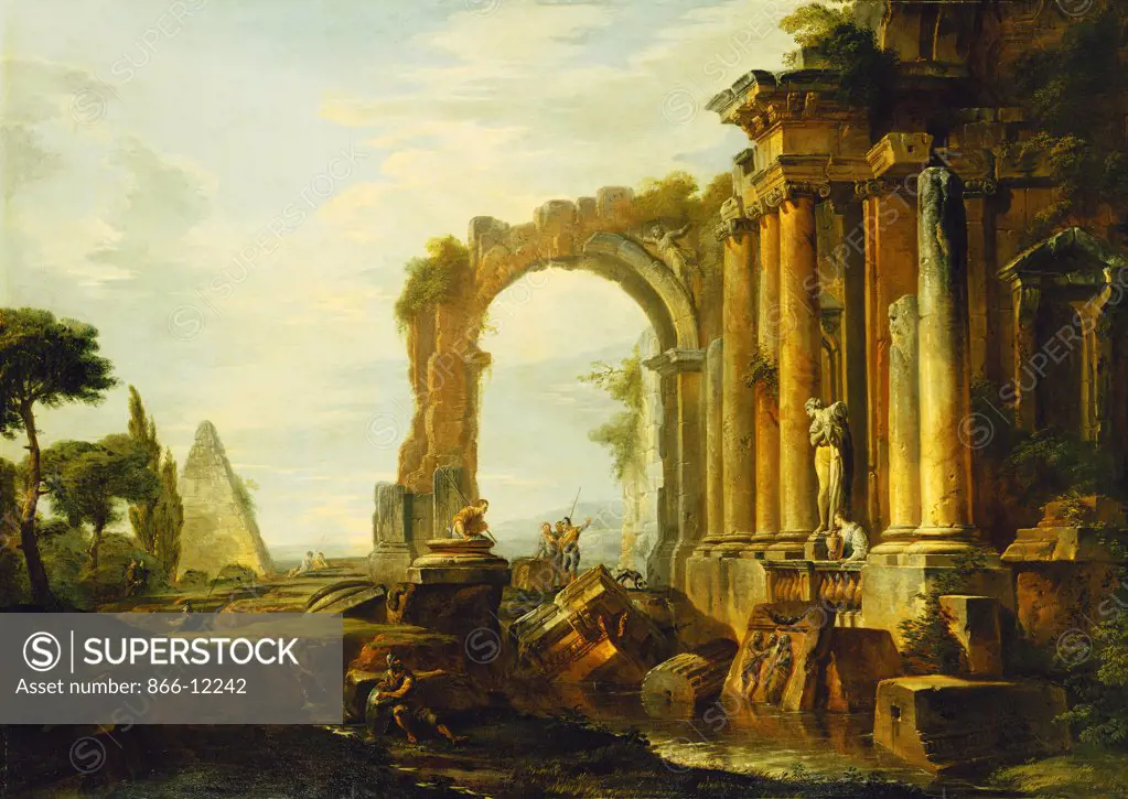A Capriccio of Classical Ruins with the Pyramid of Cestius and Figures in a Landscape. Giovanni Paolo Panini (1691-1765). Oil on canvas. 123.2 x 172.8cm.