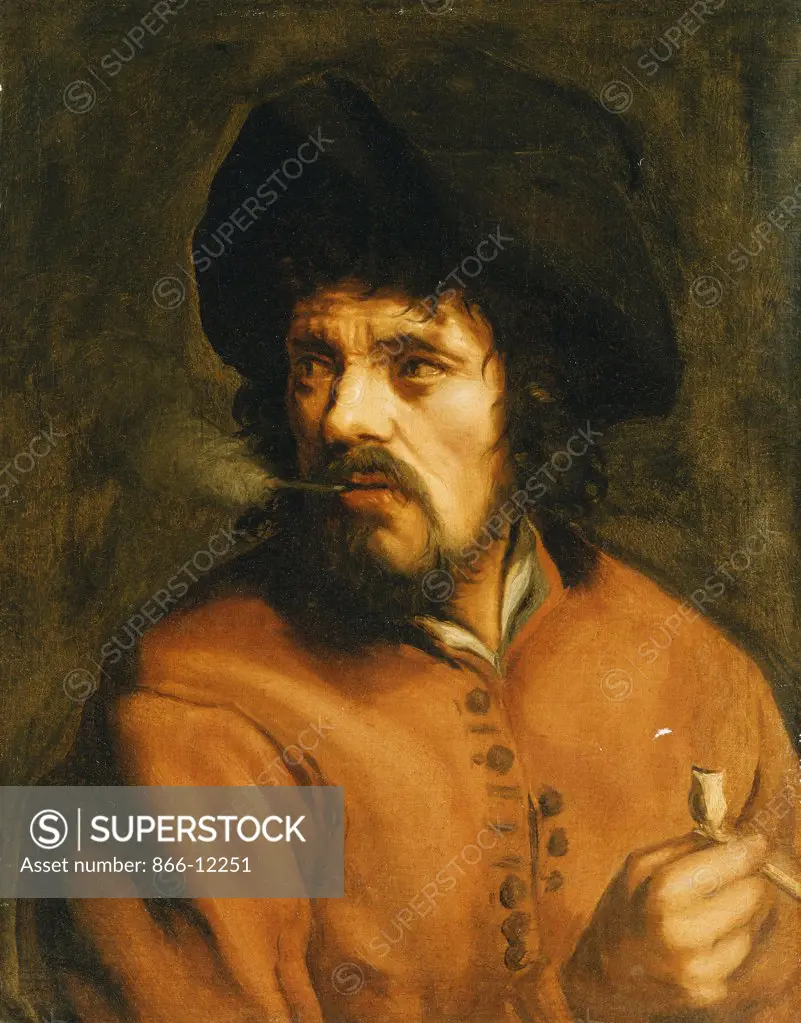 A Man Smoking a Clay Pipe. Attributed to Jan Cossiers (1600-1671). Oil on canvas. 59 x 46.7cm.