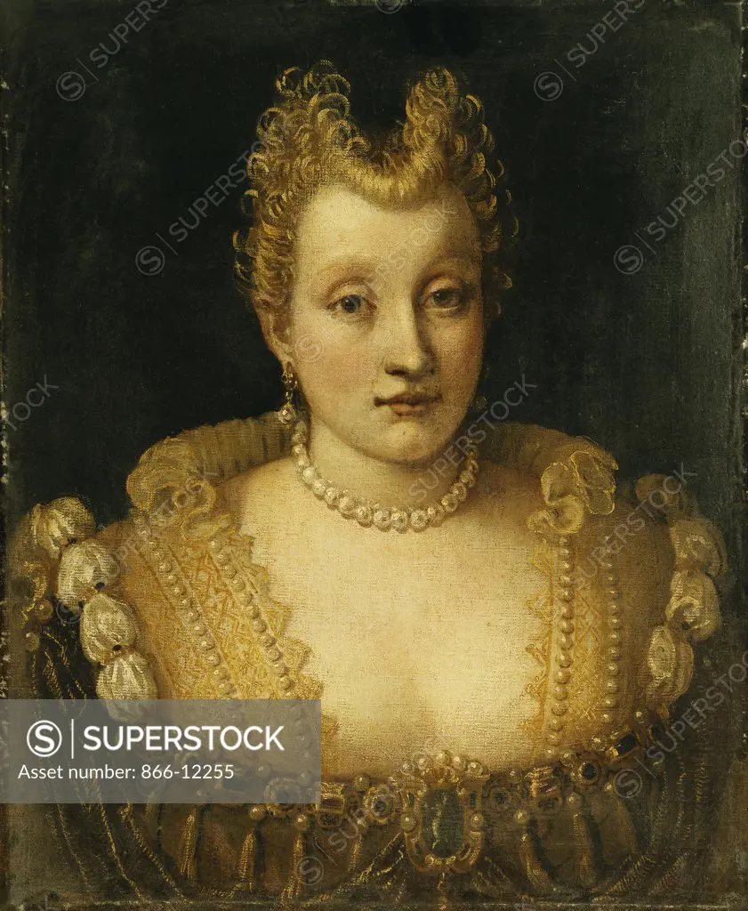 Portrait of a Lady Said to be of the Contarini Family, Bust Length, Wearing an Elaborate Dress with Jewels and a Pearl Necklace and Earrings. Francesco Montemezzano (ca. 1540-after 1602). Oil on canvas. 57.2 x 47cm.