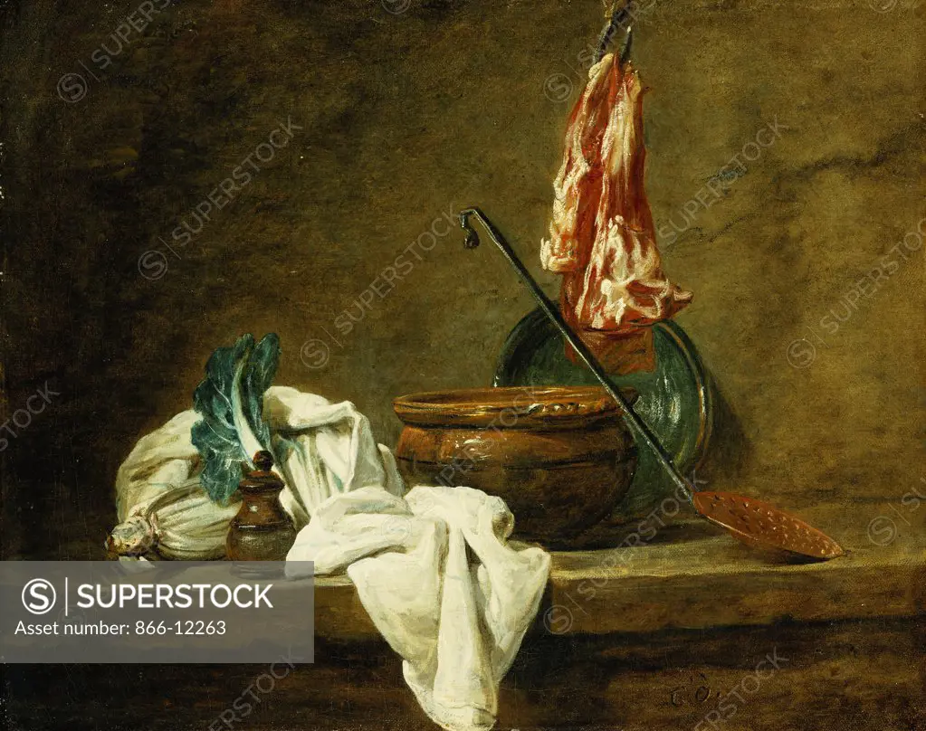 Beets, a Spice Box, a Dishcloth, a Pot, a Glazed Earthenware Plate, a Skimmer, with Meat on a Hook, on a Ledge. Jean-Simeon Chardin (1699-1779). Oil on canvas. Signed and dated 1734. 33 x 40cm.
