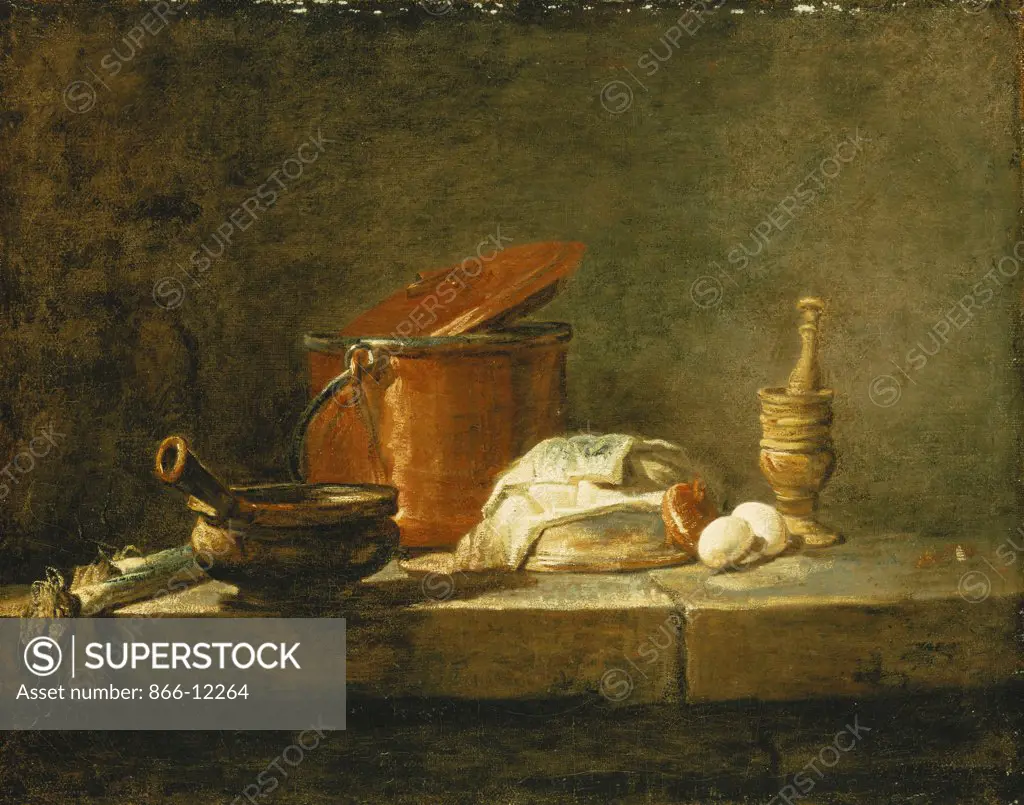 Leeks, a Casserole, a Copper Pot with a Cover, a Slice of Fish, an Onion and Two Eggs, with a Pestle and Mortar, on a Ledge. Jean-Simeon Chardin (1699-1779). Oil on canvas. Signed and dated 1734. 33 x 40cm.