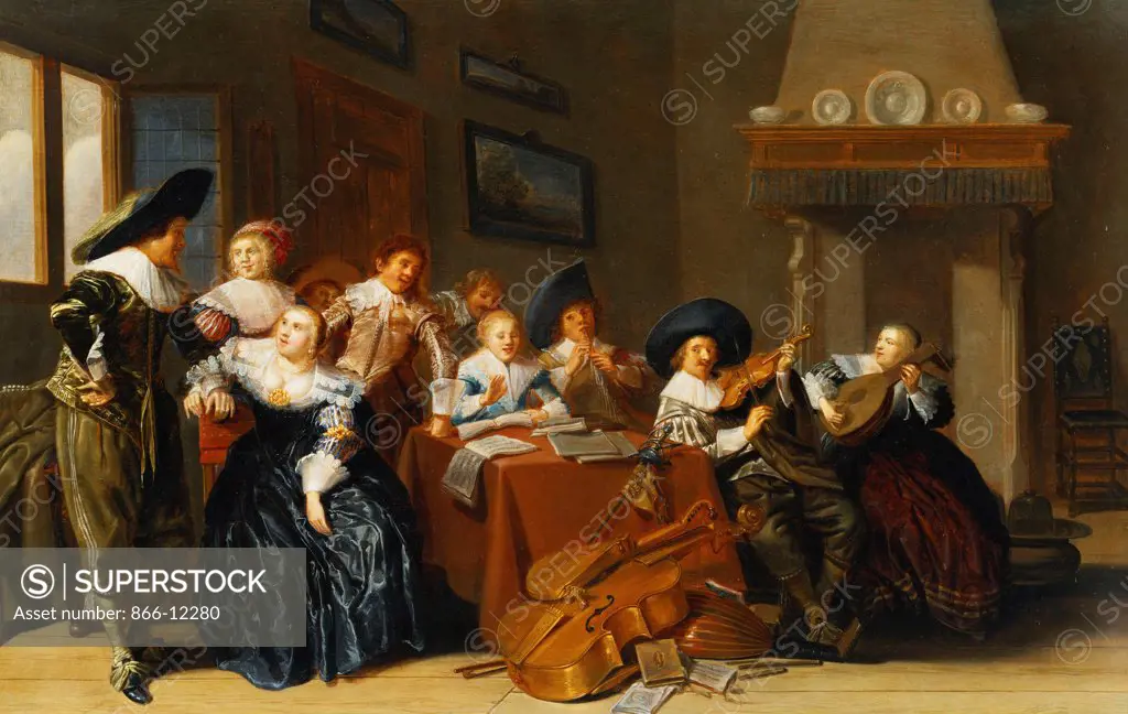 Elegant Figures with  Instruments Seated at a Table and a Young Lady Singing in a Interior. Dirck Hals (1591-1656). Oil on panel. Signed and dated 1637. 43.5 x 69.5cm.