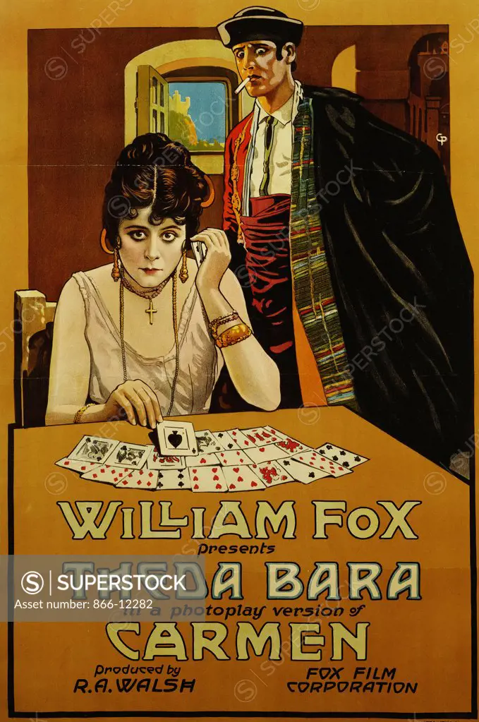 Carmen. William Fox Presents Theda Bara. C.P. Lithograph in colours. Dated 1914. 104 x 71cm. This poster shows Theda Bara in one of her most famous films where she created perhaps the Screens first Femme Fatale.