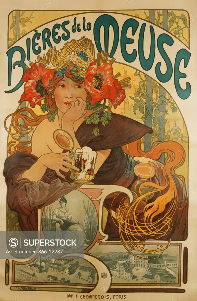 Meuse Beer; Bieres de La Meuse. Alphonse Mucha (1860-1939). Colour lithograph. Executed in 1897. 60 x 39cm.