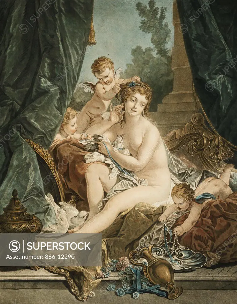 La Toilette de Venus, After Francois Boucher. Jean-Francois Janinet (1752-1814). Etching with engraving printed in colour (black, blue, red and yellow). Dated 1783. 43.1 x 31cm.