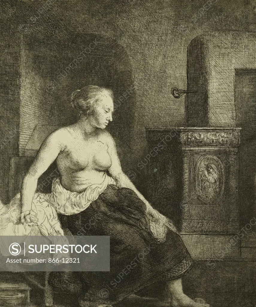 A Woman Sitting Half-Dressed Beside a Stove. Rembrandt Harmensz. van Rijn (1606-1669). Etching with drypoint and engraving. Executed 1658. 22.3 x 18.7cm.