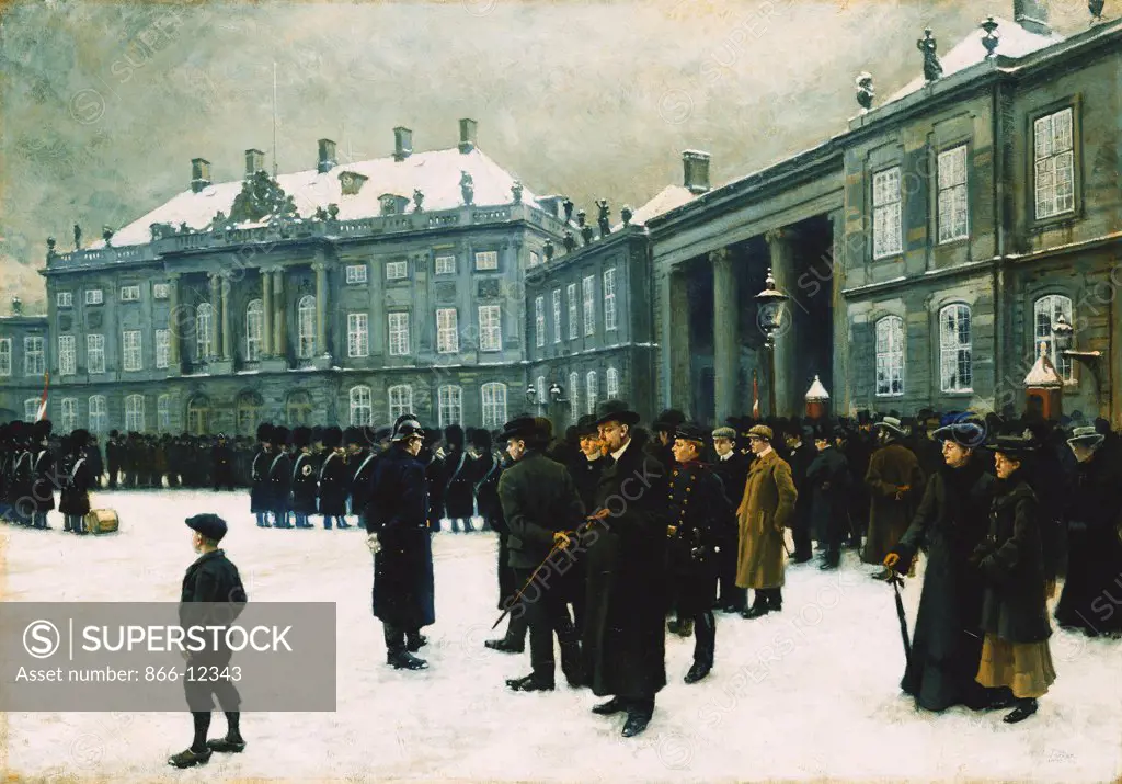 Changing of the Guard at Amalienborg Palace. Paul Fischer (1860-1934). Oil on canvas. Signed and dated 1902-1903. 71 x 99cm.