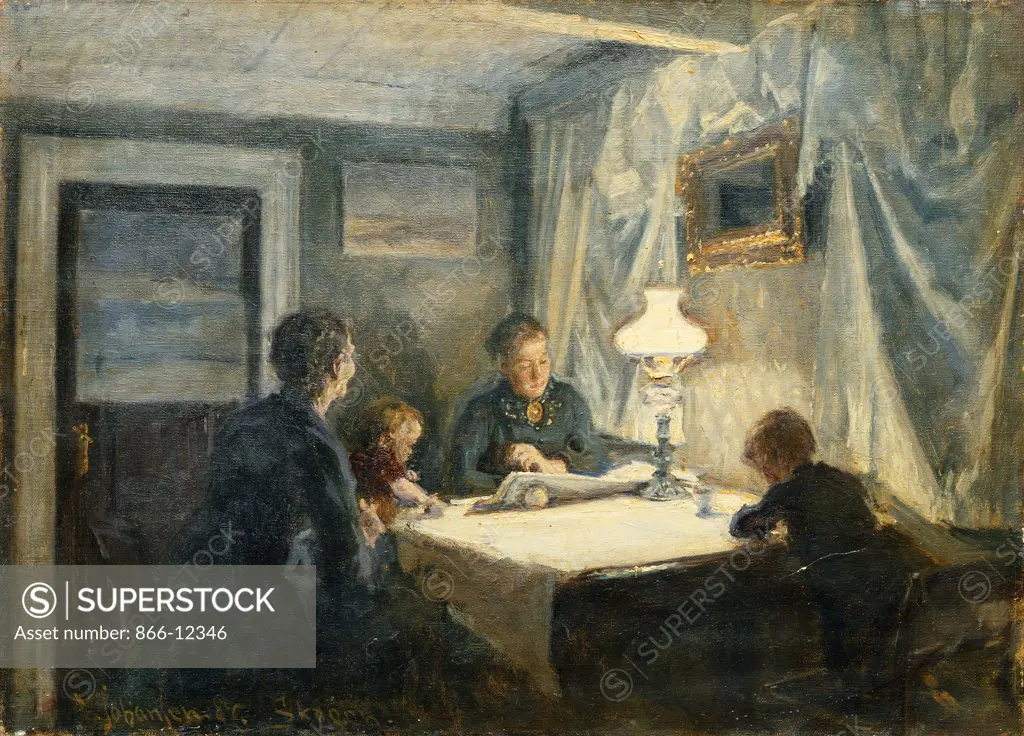 Evening in Skagen (The Artist's Family). Viggo Johansen (1851-1935). Oil on canvas. Signed and dated 1886. 42.5 x 58.3cm.