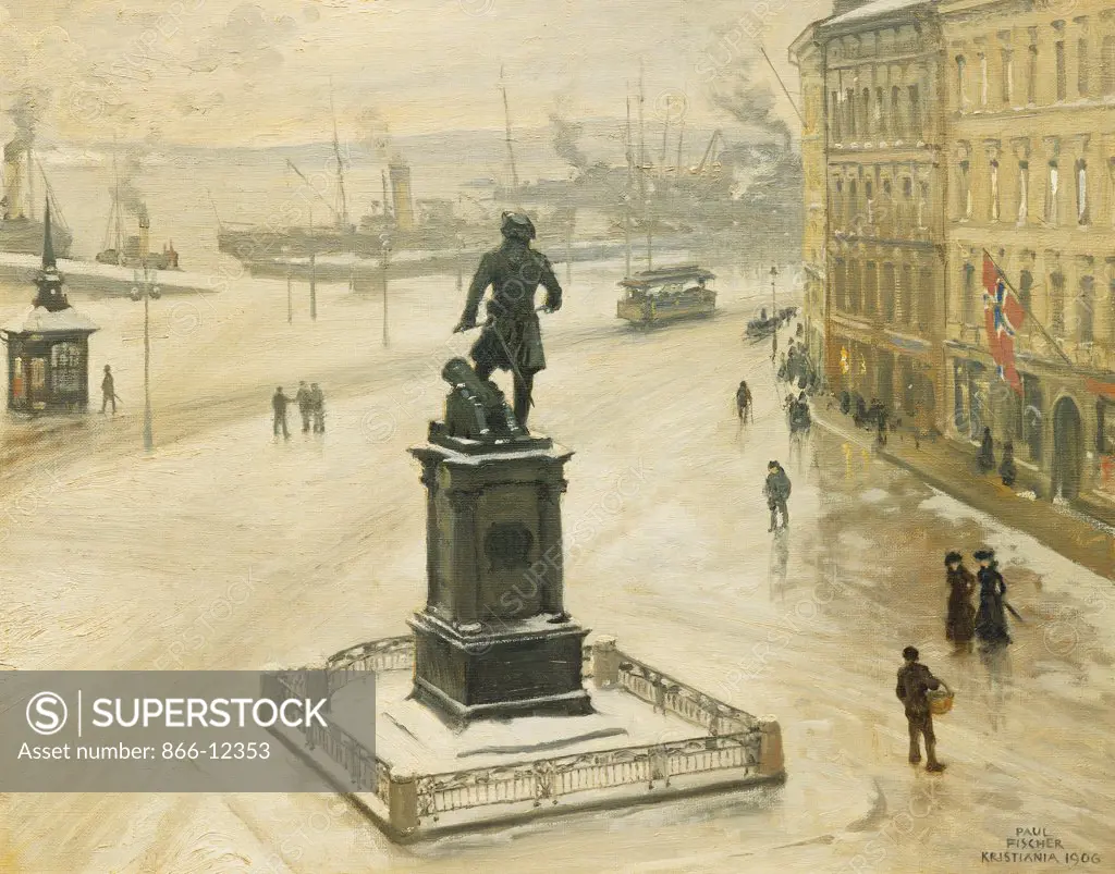 The Statue of Tordenskiold Facing Piperviken, Oslo Harbour. Paul Fischer (1860-1934). Oil on canvas. Dated Kristiania 1906. 50.5 x 40cm