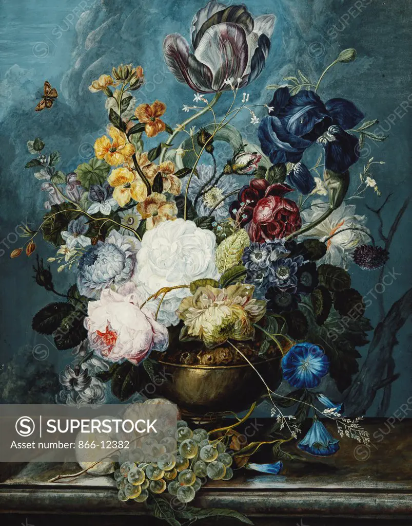 Roses, a Tulip, an Iris, Dahlias, Lamium, Forget-me-nots, Convolvulus, Auricula and Delphiniums in a Vase with Grapes and Peaches on a Stone Ledge. Ladislaus Tumal (Mid 19th Century). Watercolour heightened with white on paper. 51 x 40.5cm