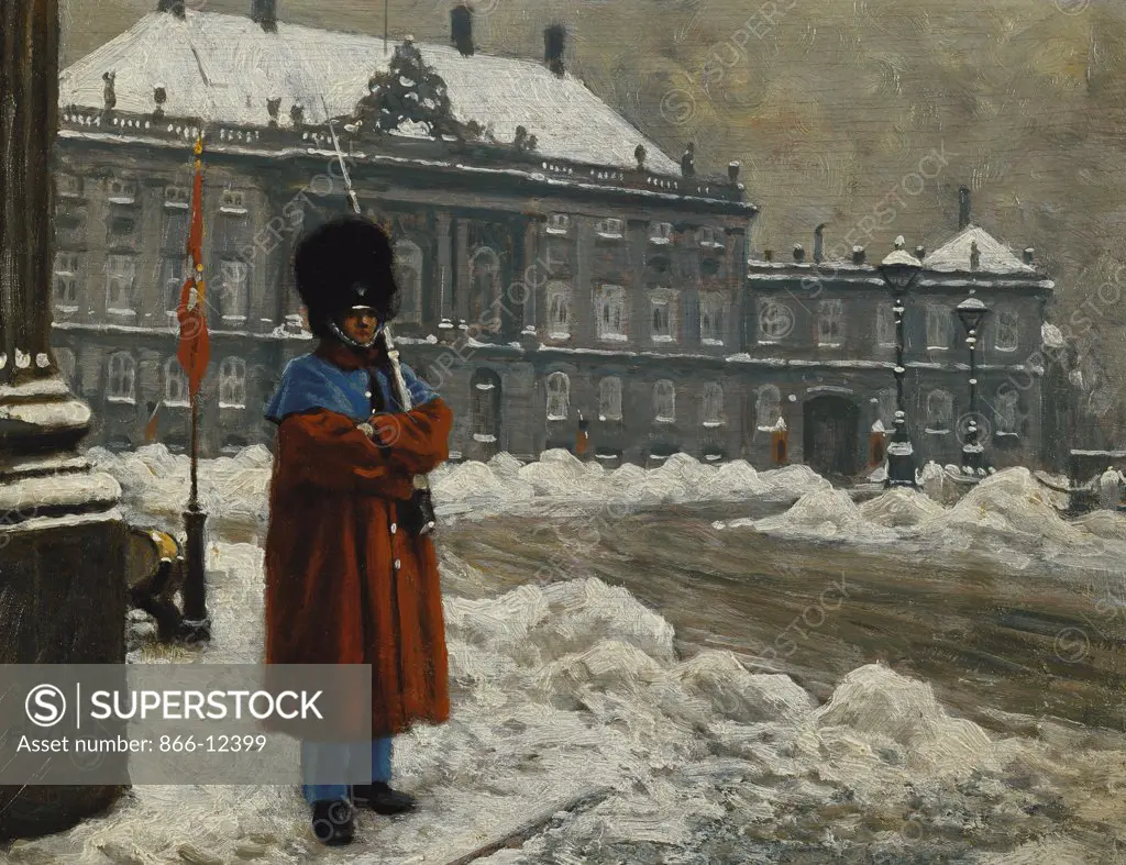 A Royal Life Guard on Duty Outside the Royal Palace Amalienborg, Copenhagen. Paul Fischer (1860-1934). Oil on panel. 24.7 x 32.5cm