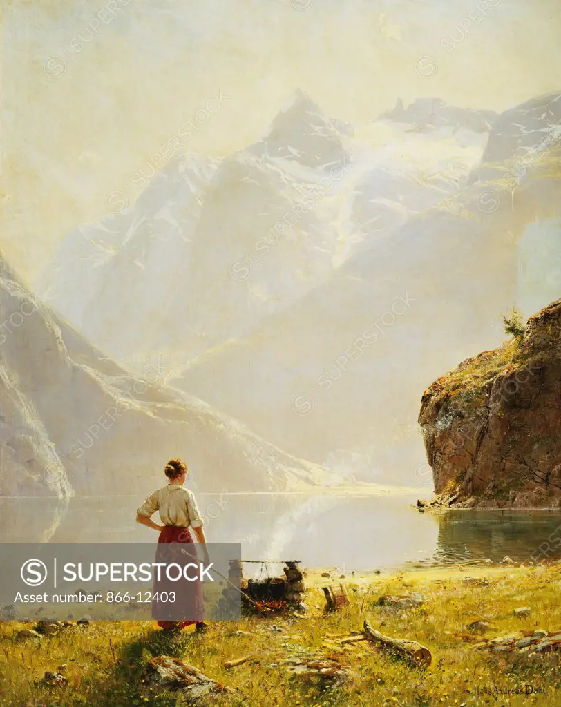 A Summer Day on a Norwegian Fjord. Hans Dahl (1849-1937). Oil on canvas. 127 x 101.6cm