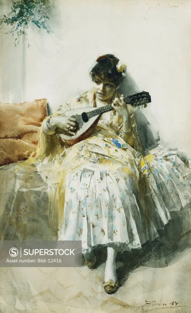 A Spanish Girl Playing a Mandolin. Anders Leonard Zorn (1860-1920). Watercolour. Painted in Spain between March and July 1884. 52 x 33cm