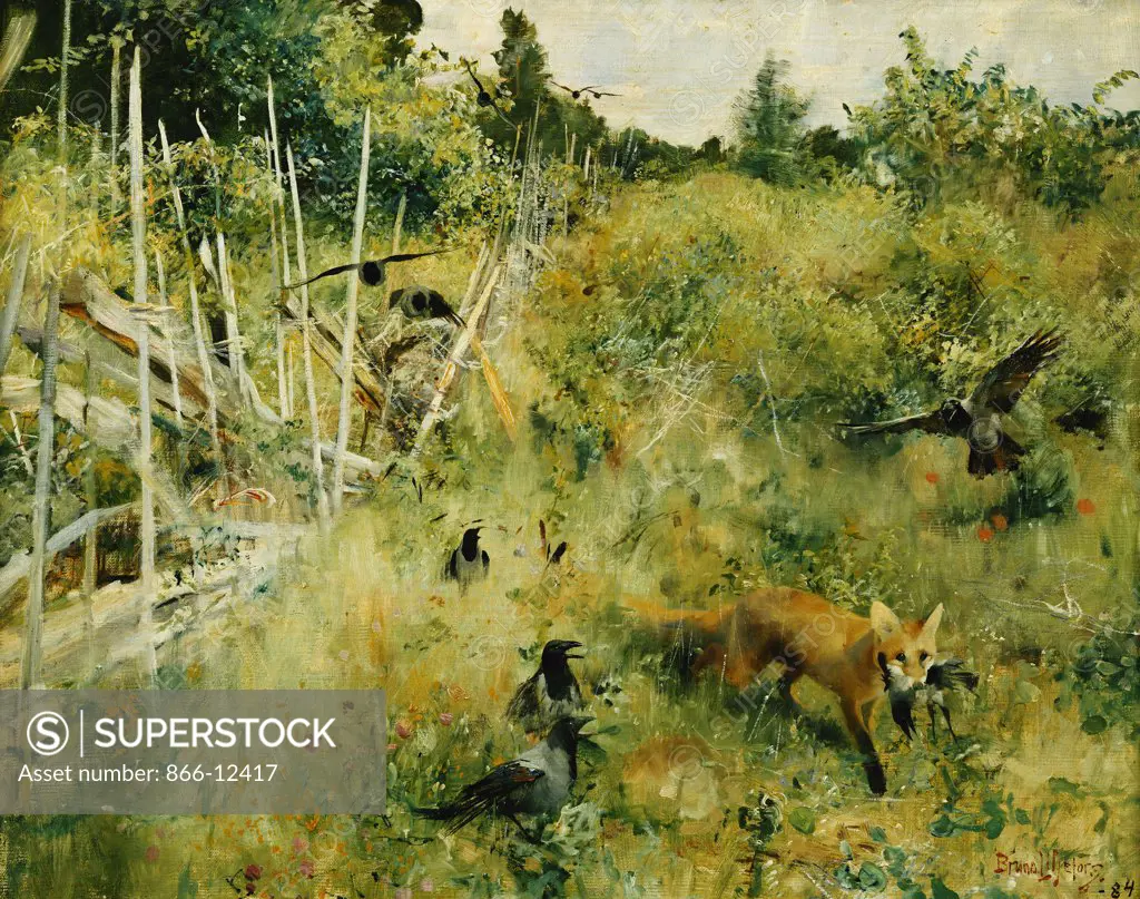 A Fox Taking a Crow; Rav Och Krakor. Bruno Liljefors (1860-1939). Oil on canvas. Dated 1884. 50.8 x 64.2cm