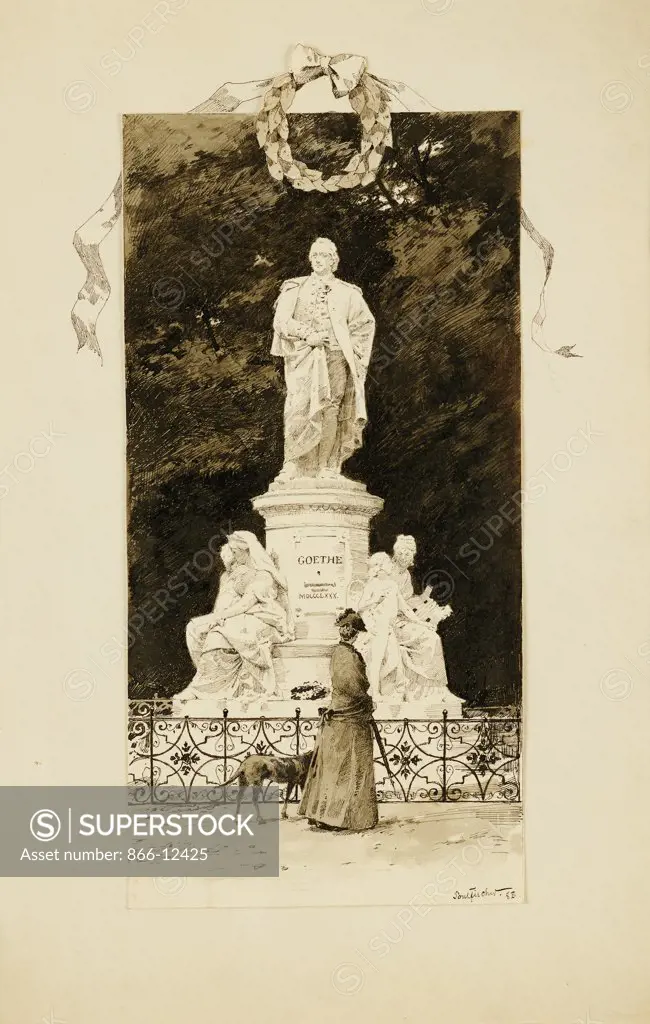 An Elegant Lady at the Statue of Goethe. Paul Fischer (1860-1934). Pen and ink. Dated 1888. 29 x 18.7cm