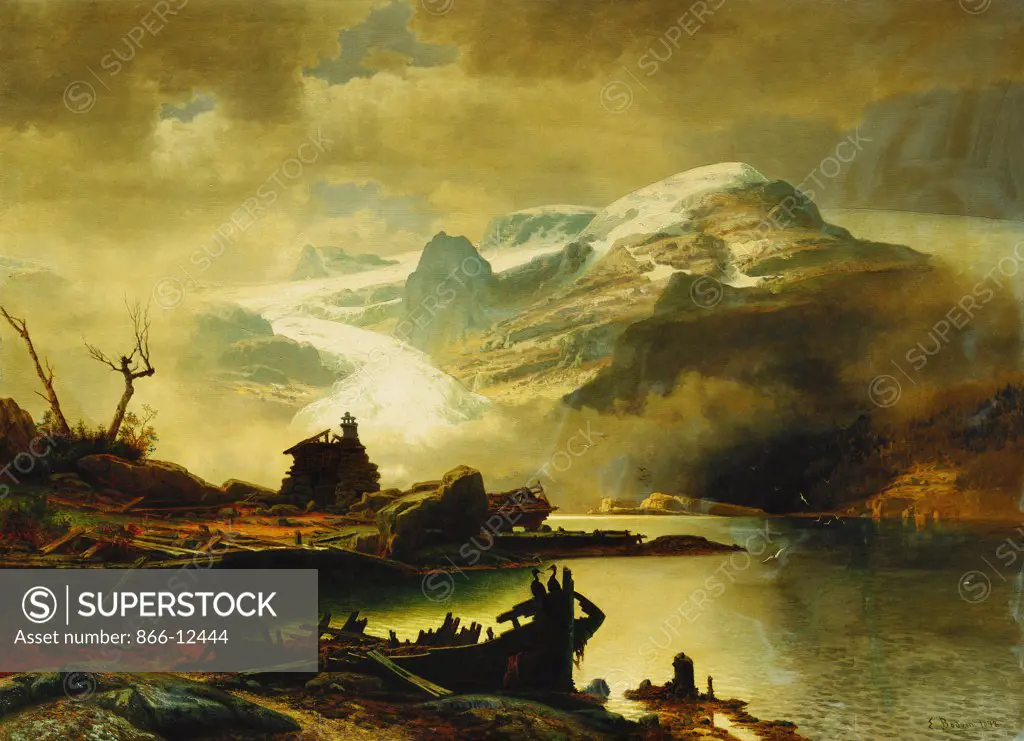 The Bondhus Glacier in Sunnhordland. Erik Bodom (1829-1879). Oil on canvas. Signed and dated 1878. 108.5 x 157.5cm