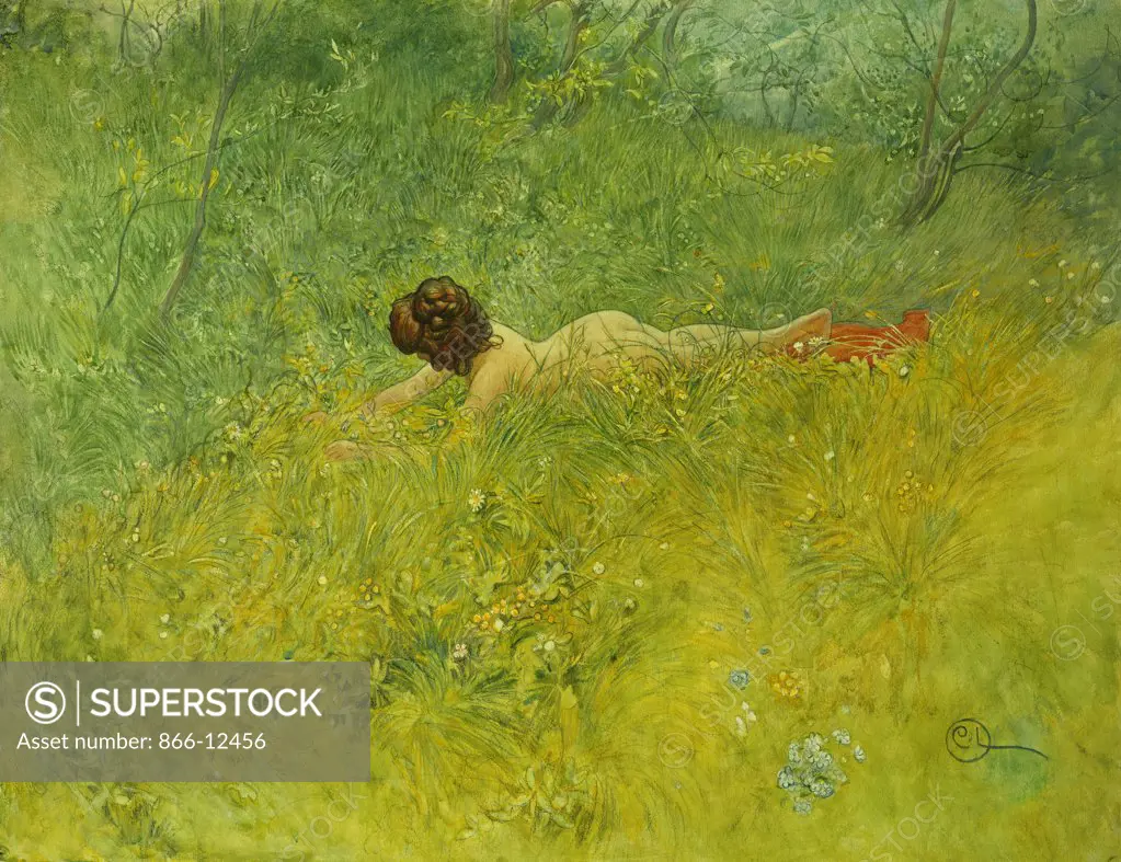 On the Grass; I Grongraset. Carl Larsson (1853-1919). Watercolour and bodycolour. Painted in Sundborn 1902. 50.3 x 65.2cm