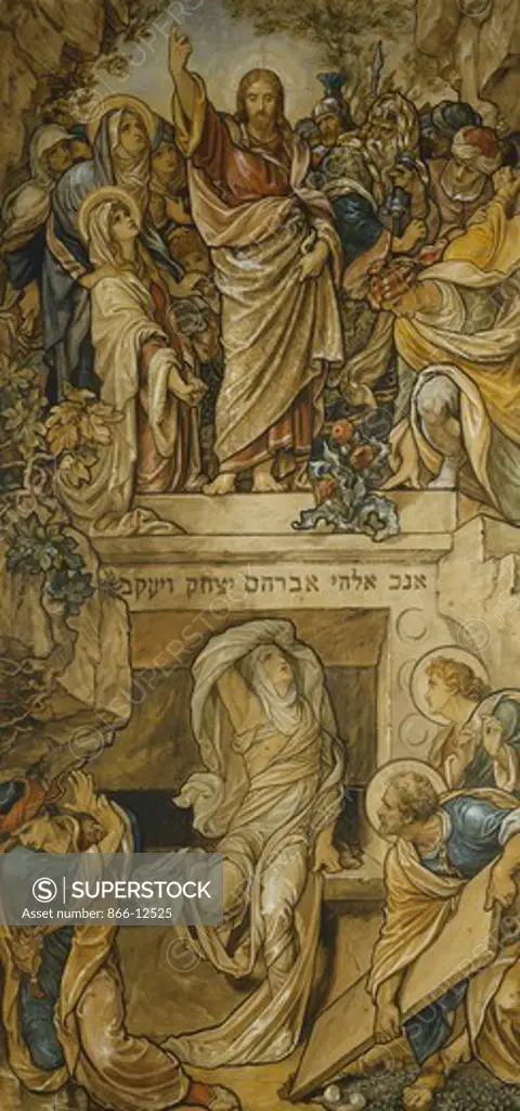 The Raising of Lazarus. Frederic James Shields (1833-1911). Pencil and watercolour heightened with white. 274.5 x 142.3cm. This is the cartoon for the south-west window in St. Laurence's Church, Mereworth, in Kent.