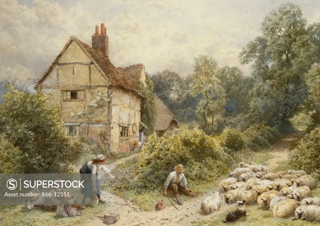 Fowl House Farm, Witley, with Children, a Shepherd and a Flock of Sheep Nearby. Myles Birket Foster (1825-1899). Pencil, watercolour and bodycolour. 28 x 40cm.
