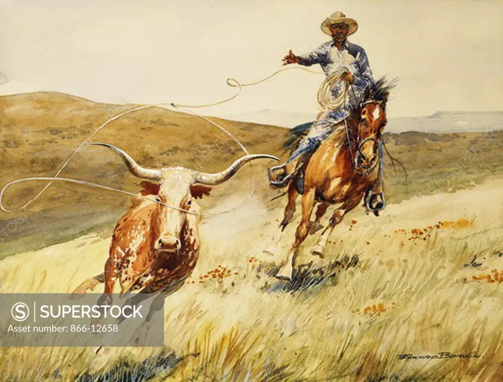 Roping A Steer. Edward Borein (1872-1945). Watercolour and gouache on paper. 38.7 x 51.1cm