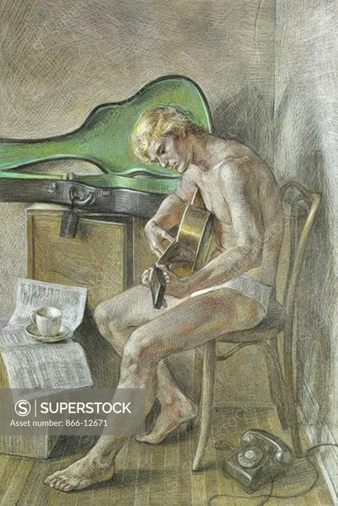 The Guitarist. Paul Cadmus (1904-1999). Pastel on paper.  62.8 x45.7cm. Study for the painting of the same name and executed in 1969.