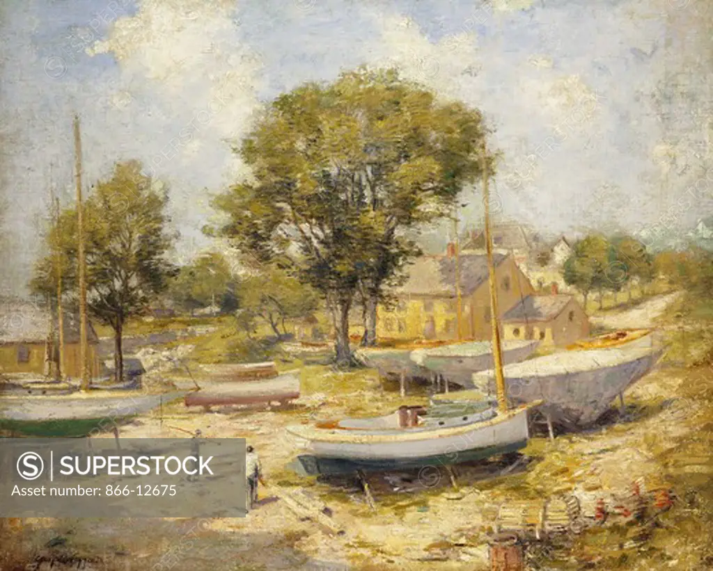 New England Boat Yard.  Guy Carleton Wiggins (1883-1962).  Oil on canvas. 61.3 x 76.3cm