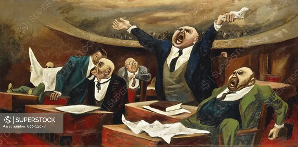 Senate Hearing.  William Gropper (1897-1977). Oil on canvas. 31.2 x 101.4cm