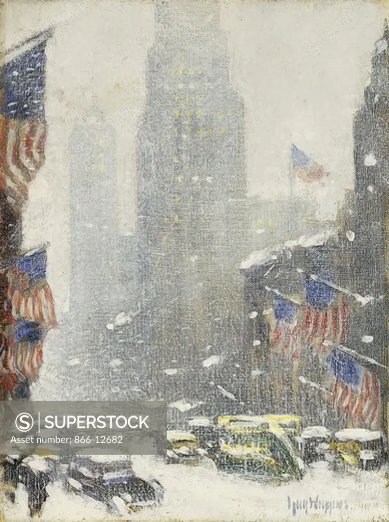 Blizzard in Manhattan. Guy Carleton Wiggins (1883-1962). Oil on canvasboard. 30.5 x 22.8cm