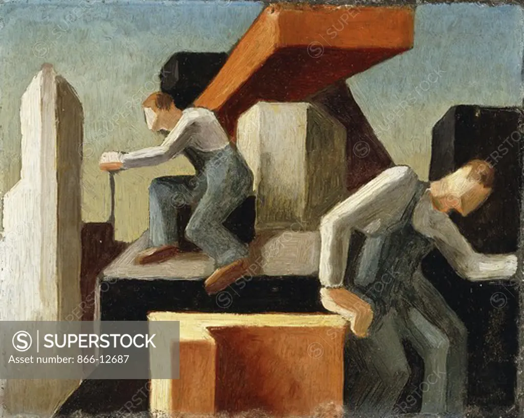 Construction Scene.  Thomas Hart Benton (1889-1975). Oil on tin. 18 x 20.6cm