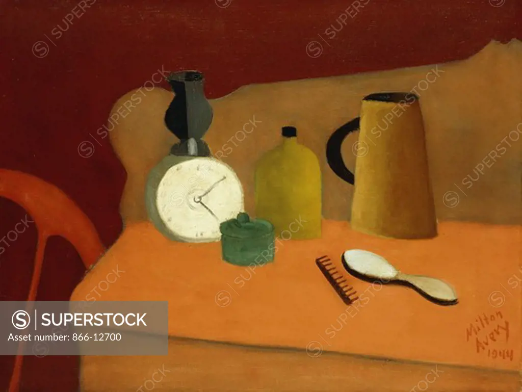 Still Life with Clock.  Milton Clark Avery (1893-1965). Oil on canvas. Signed and dated 1944. 58.3 x 76.5cm