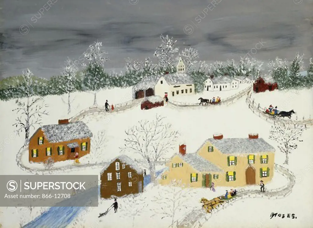 Early Snow. Anna Mary Robertson (Grandma) Moses (1860-1961). Oil and glitter on masonite. Signed and dated March 1959. 30 x 40.8cm