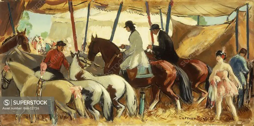 Horse Tent at the Circus. Gifford Beal (1879-1956). Oil on masonite. 41 x 81.4cm