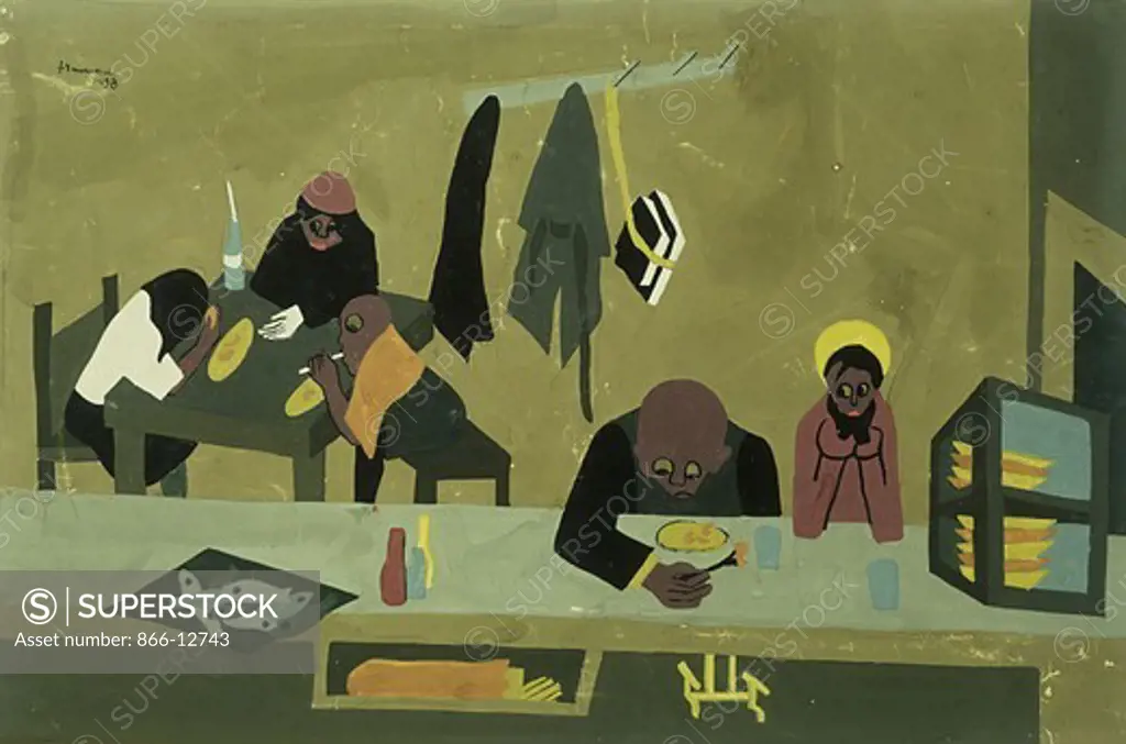 Harlem Diner. Jacob Lawrence (1917-2000). Gouache on paper laid on board. dated 1938. 32 x 48.5cm