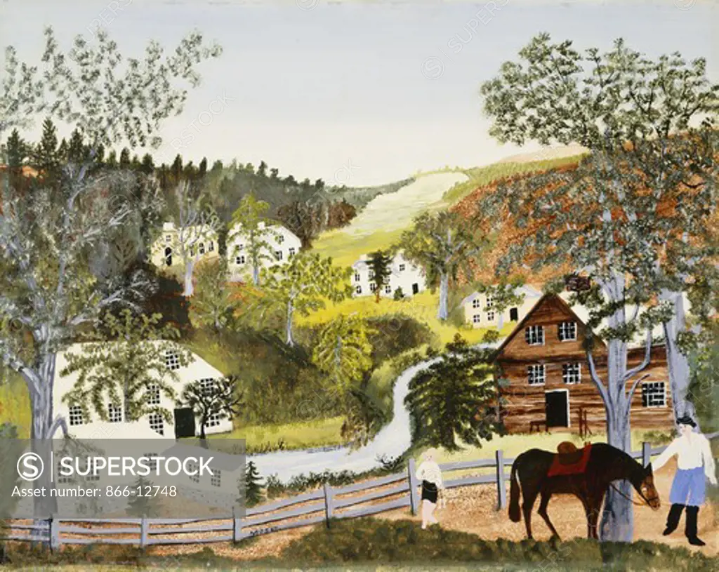 Come on Old Topsy. Anna Mary Robertson `Grandma Moses'(1860-1961). Oil on masonite. Dated Feb 16, 1948. 40.7 x 50.8cm