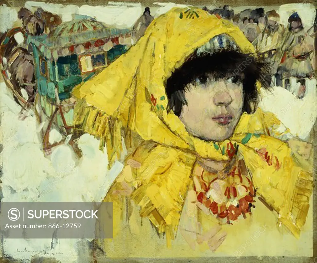 Siberian Girl in Yellow. Leon Gaspard (1882-1964). Oil on board. Signed and dated Urga, 1921. 31.2 x 38.1cm