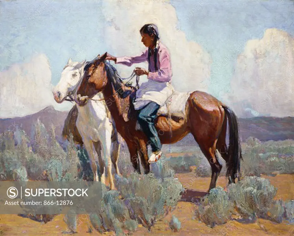 Indian on Horseback. Oscar Edward Berninghaus (1874-1952). Oil on canvas. 61 x 76cm