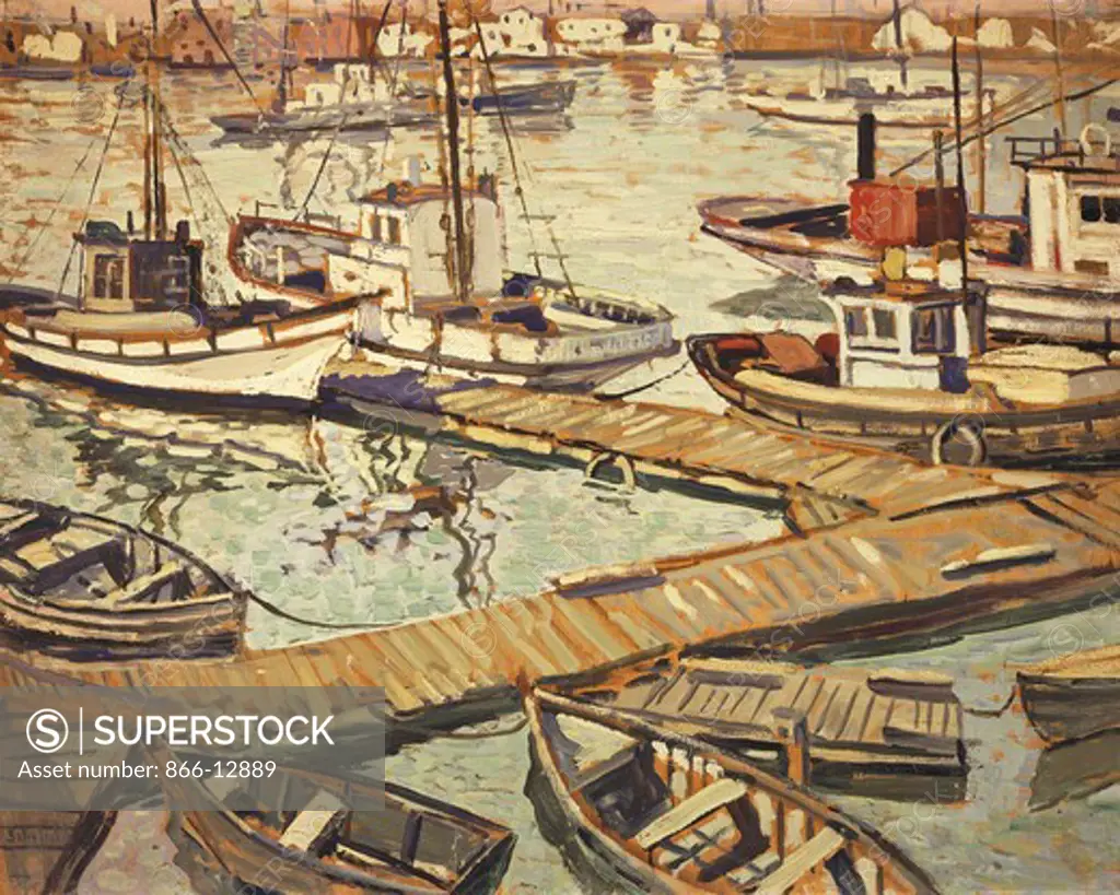 The Boat Basin at Santa Barbara. Walter Elmer Schofield (1866-1944). Oil on panel. 61.3 x 75.2cm