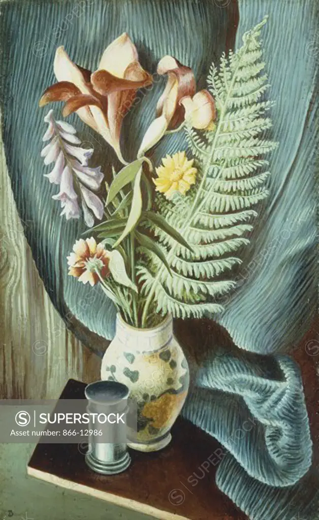 Still Life with Lilies and Ferns. Thomas Hart Benton (1889-1975).  Oil on masonite. 49.3 x 30.7cm