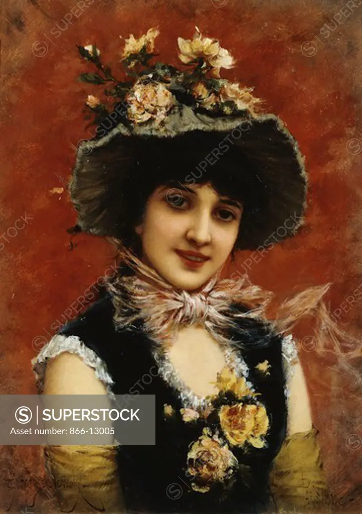 A Parisian Beauty. Emile Eisman-Semenowsky (active ca. 1878). Oil on panel. Signed and dated 1886. 36.2 x 26.6cm.