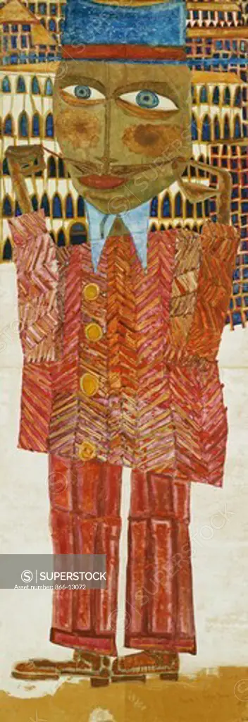 European Holding Himself by his Moustache; Europaer Der Sich Seinem Schnurbart Halt. Friedensreich Hundertwasser (1928-2000). Watercolour on brown packing paper mounted on canvas. Dated 1951. 128 x 46cm.